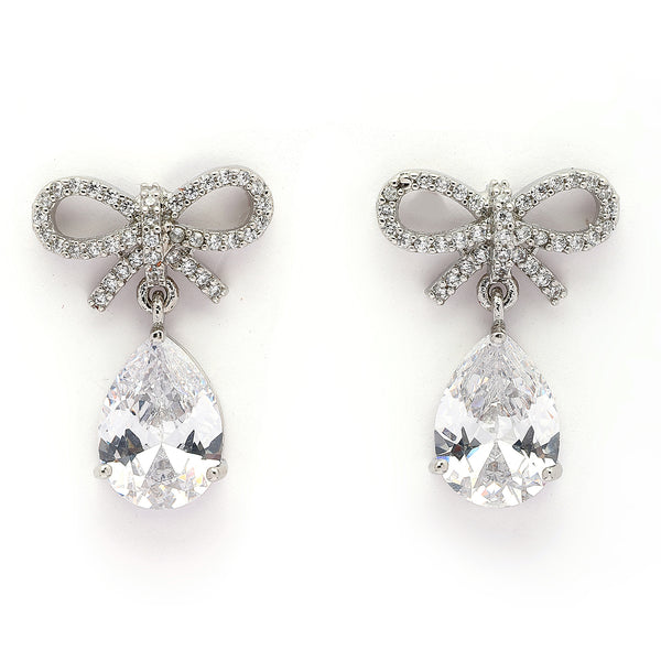 Rhodium Plated Silver Toned Bow Shaped White American Diamond Studded Drop Earrings