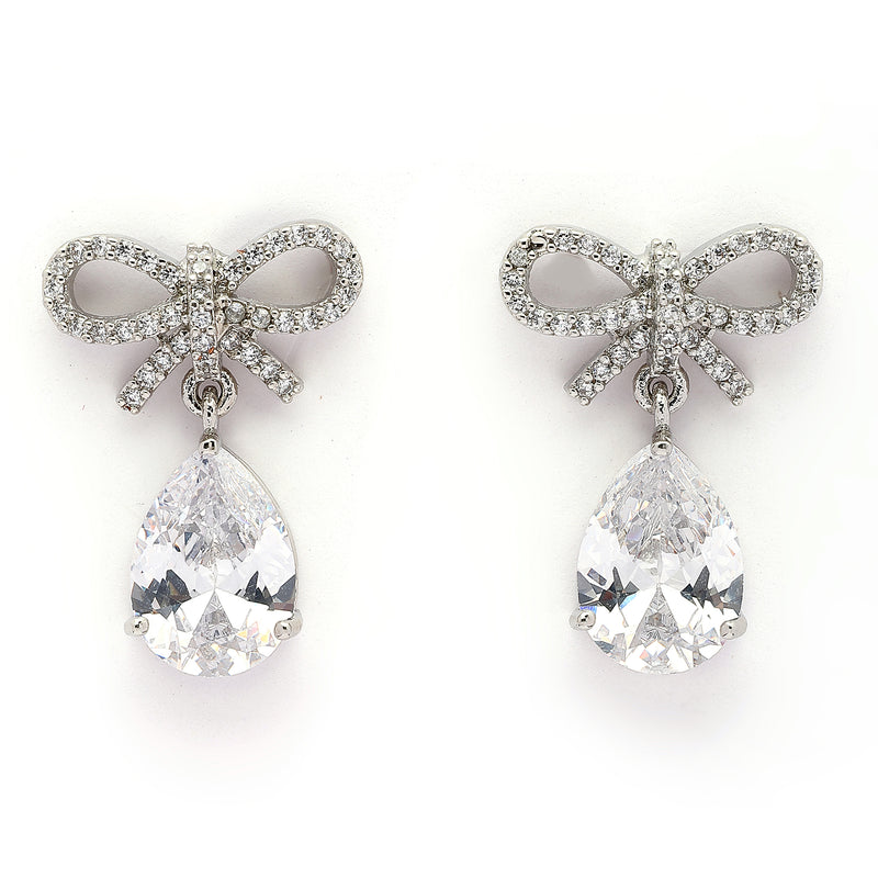 Rhodium Plated Silver Toned Bow Shaped White American Diamond Studded Drop Earrings
