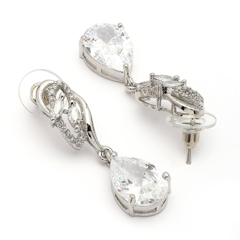 Rhodium Plated Silver Toned Teardrop Shaped White American Diamond Studded Drop Earrings