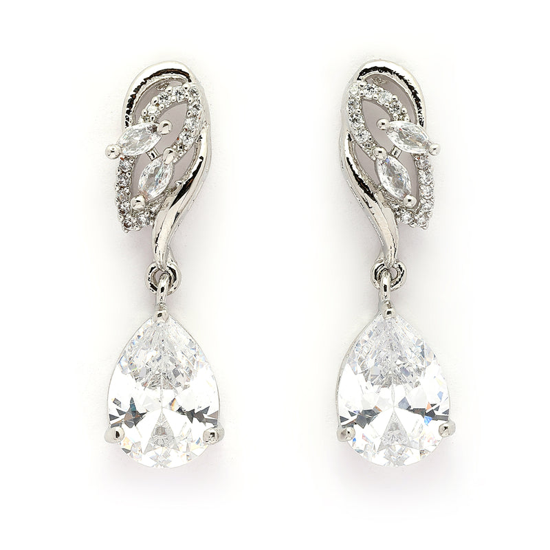 Rhodium Plated Silver Toned Teardrop Shaped White American Diamond Studded Drop Earrings