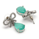 Rhodium Plated Silver Toned Bow Shaped Sea Green & White American Diamond Studded Drop Earrings