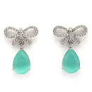 Rhodium Plated Silver Toned Bow Shaped Sea Green & White American Diamond Studded Drop Earrings