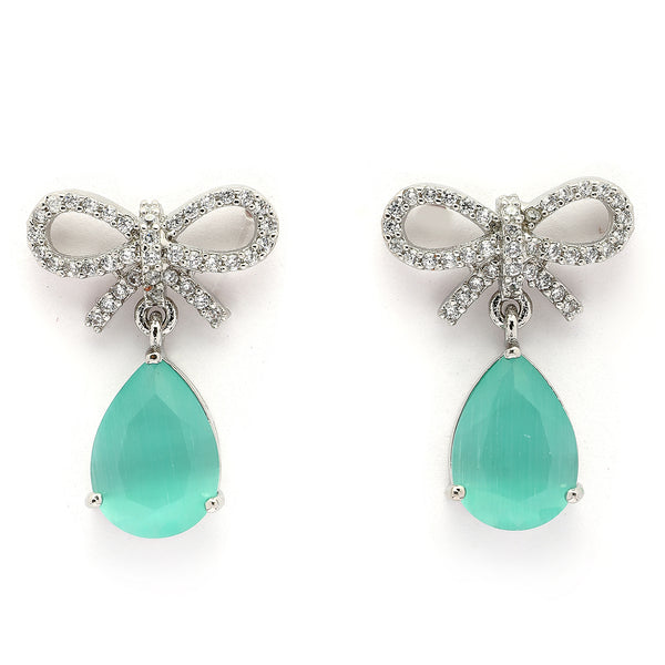 Rhodium Plated Silver Toned Bow Shaped Sea Green & White American Diamond Studded Drop Earrings