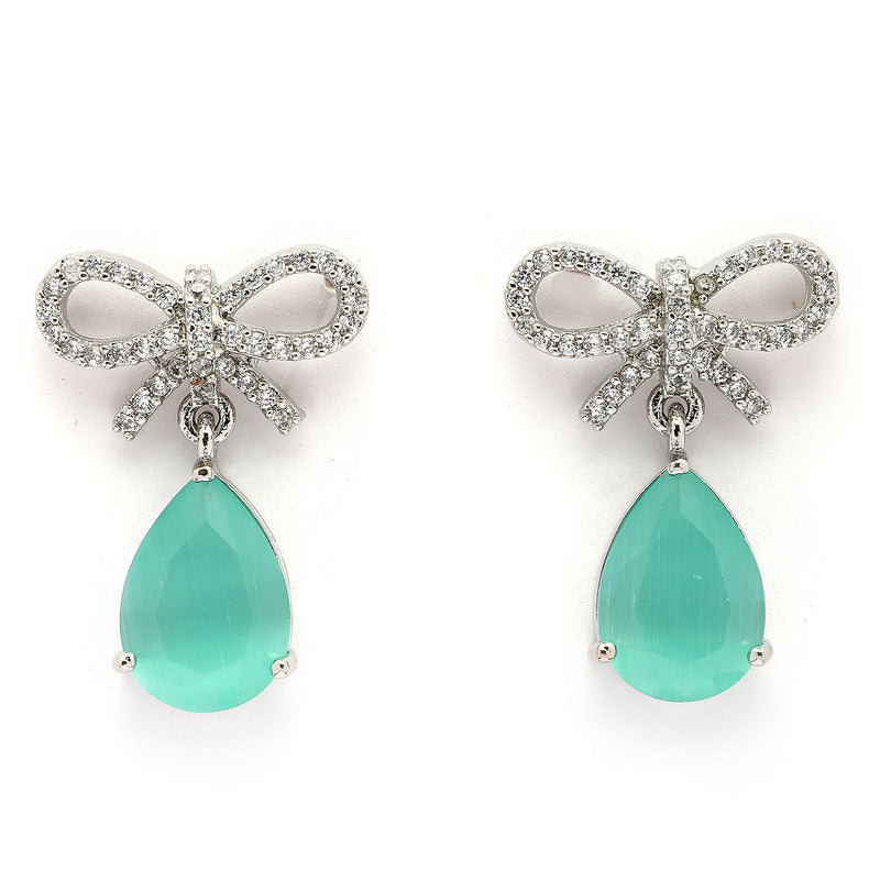 Rhodium Plated Silver Toned Bow Shaped Sea Green & White American Diamond Studded Drop Earrings