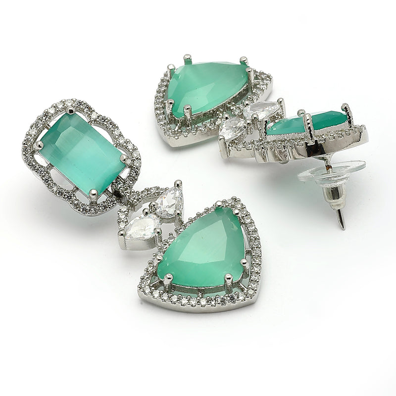 Rhodium Plated Silver Toned Sea Green & White American Diamond Studded Drop Earrings