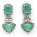 Rhodium Plated Silver Toned Sea Green & White American Diamond Studded Drop Earrings