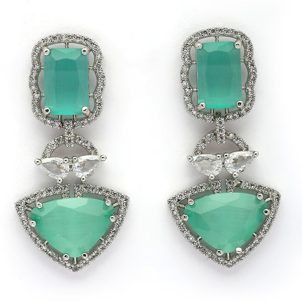 Rhodium Plated Silver Toned Sea Green & White American Diamond Studded Drop Earrings