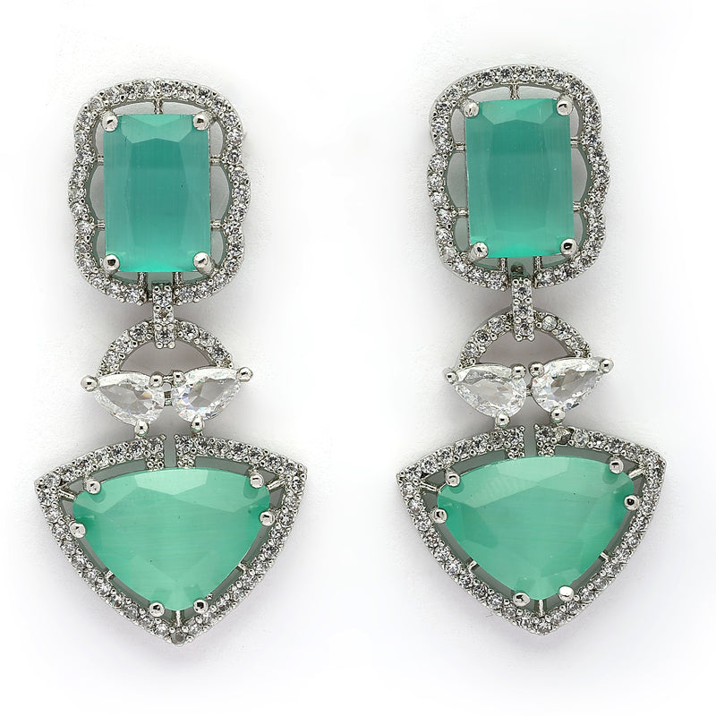 Rhodium Plated Silver Toned Sea Green & White American Diamond Studded Drop Earrings