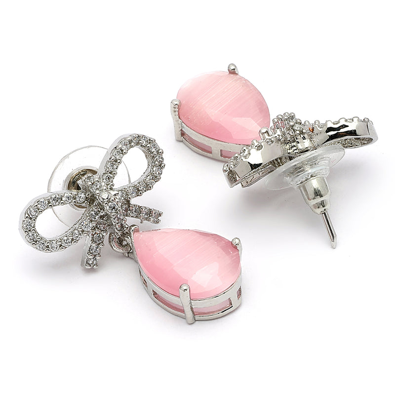 Rhodium Plated Silver Toned Bow Shaped Pink & White American Diamond Studded Drop Earrings