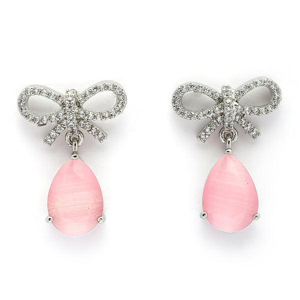 Rhodium Plated Silver Toned Bow Shaped Pink & White American Diamond Studded Drop Earrings