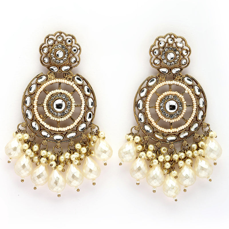 Traditional Gold Plated White kundan Studded Pearl Beaded Royal Jhumkas Earrings