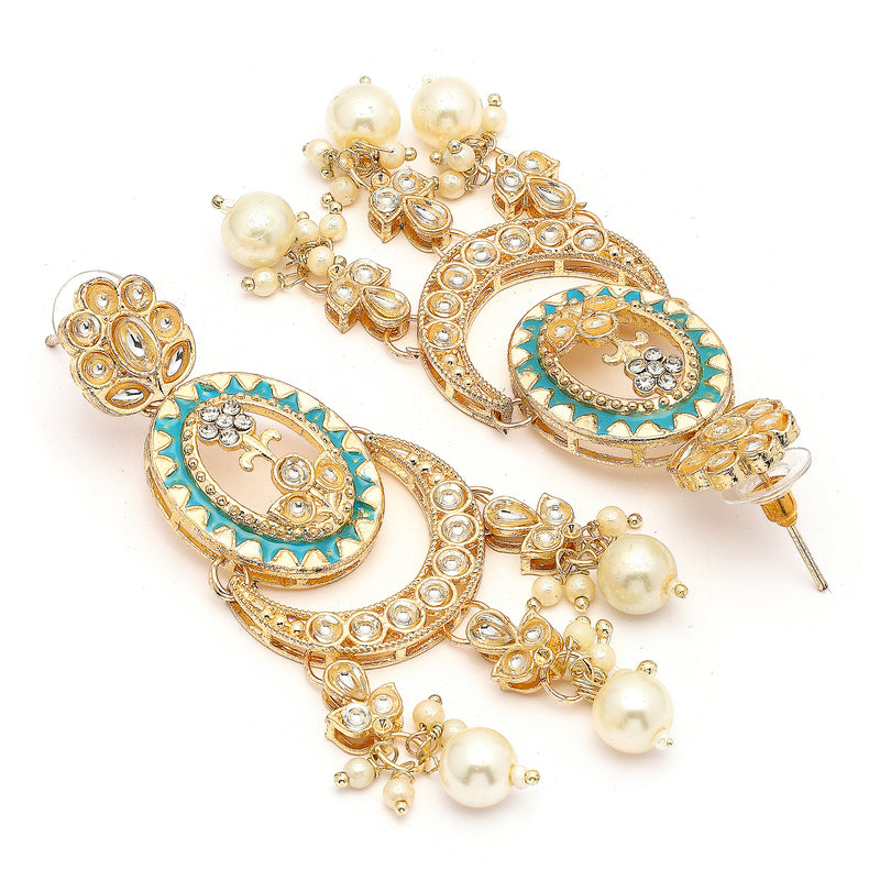 Traditional Gold Plated kundan Studded Pearl Beaded White & Blue Meenakari Chandbali Earrings