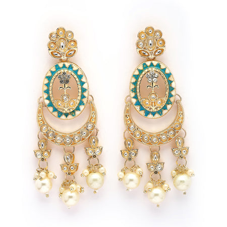 Traditional Gold Plated kundan Studded Pearl Beaded White & Blue Meenakari Chandbali Earrings