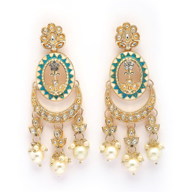 Traditional Gold Plated kundan Studded Pearl Beaded White & Blue Meenakari Chandbali Earrings