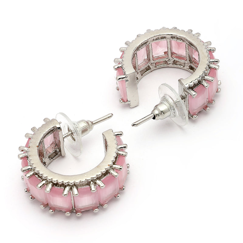 Rhodium Plated Silver Toned Pink American Diamond Embellished Hoop Earrings
