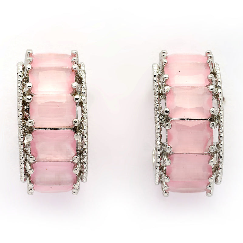 Rhodium Plated Silver Toned Pink American Diamond Embellished Hoop Earrings