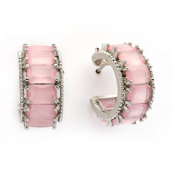 Rhodium Plated Silver Toned Pink American Diamond Embellished Hoop Earrings