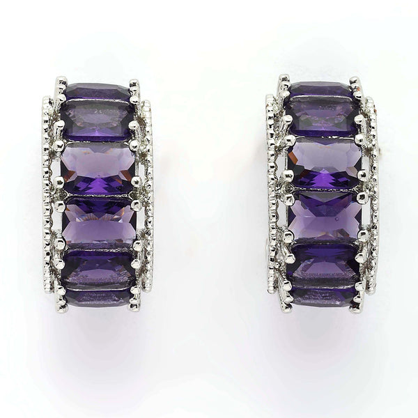 Rhodium Plated Silver Toned Purple American Diamond Embellished Hoop Earrings