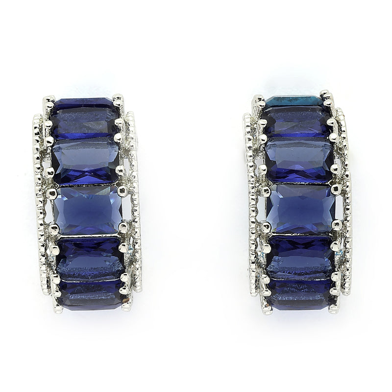 Rhodium Plated Silver Toned Navy Blue American Diamond Embellished Hoop  Earrings