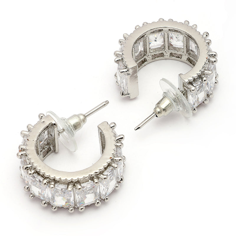 Rhodium Plated Silver Toned White American Diamond Embellished Hoop Earrings