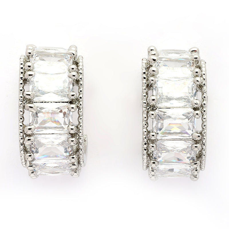 Rhodium Plated Silver Toned White American Diamond Embellished Hoop Earrings