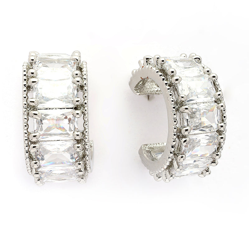 Rhodium Plated Silver Toned White American Diamond Embellished Hoop Earrings