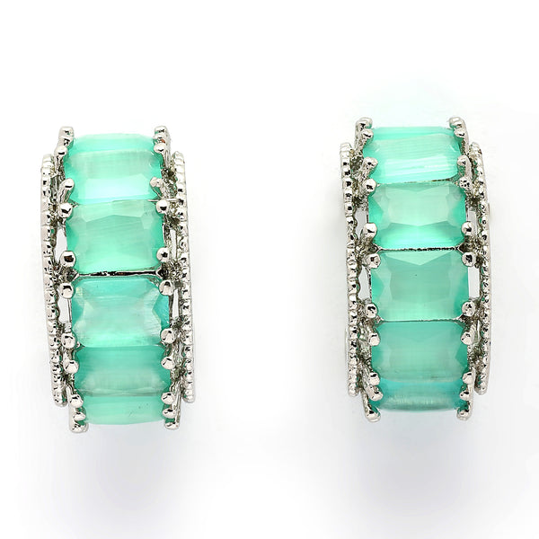 Rhodium Plated Silver Toned Sea Green American Diamond Embellished Hoop Earrings