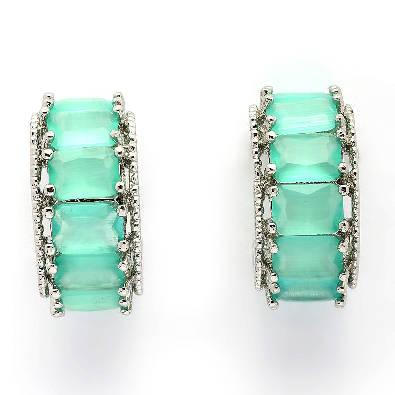 Rhodium Plated Silver Toned Sea Green American Diamond Embellished Hoop Earrings