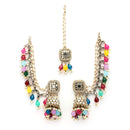 Traditional Gold Plated Kundan Studded And Multicolor Beaded Maang Tikka And Jhumkas With Multi Layered Ear Chain