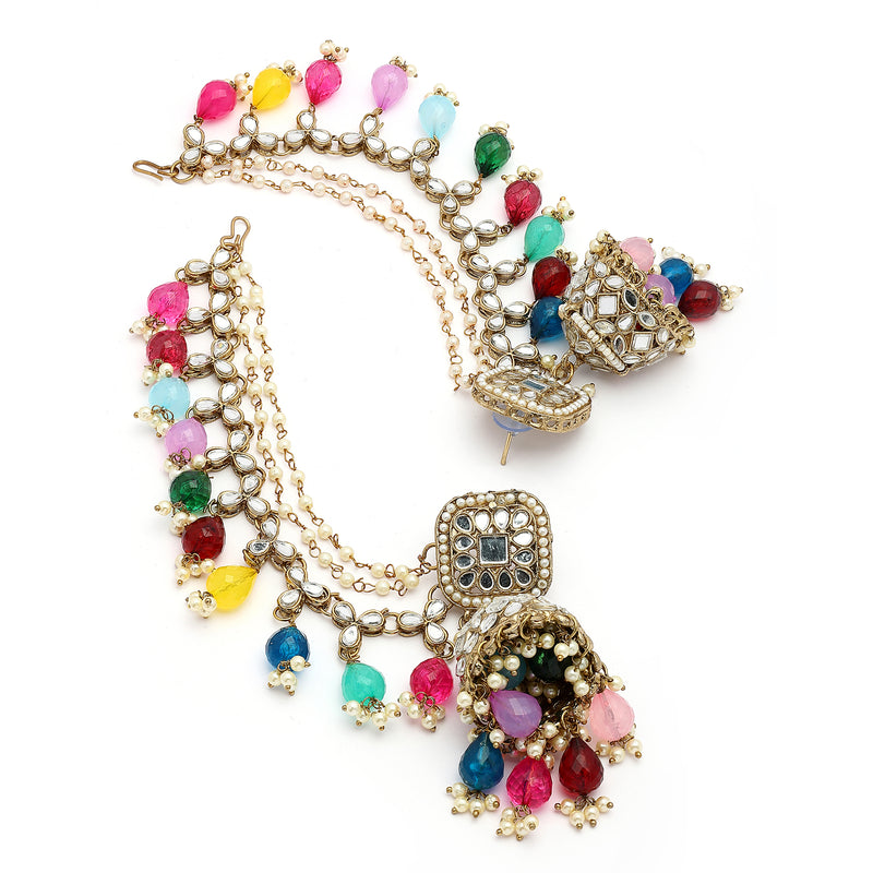 Traditional Gold Plated Kundan Studded And Multicolor Beaded Maang Tikka And Jhumkas With Multi Layered Ear Chain