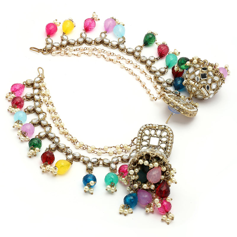 Traditional Gold Plated Kundan Studded And Multicolor Beaded Maang Tikka And Jhumkas With Multi Layered Ear Chain