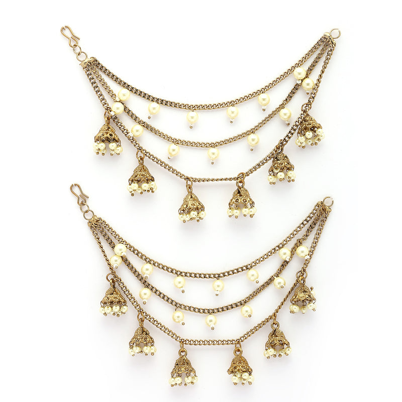 Traditional Gold Plated White Pearl Beaded Multi Layered Ear Chain Earrings