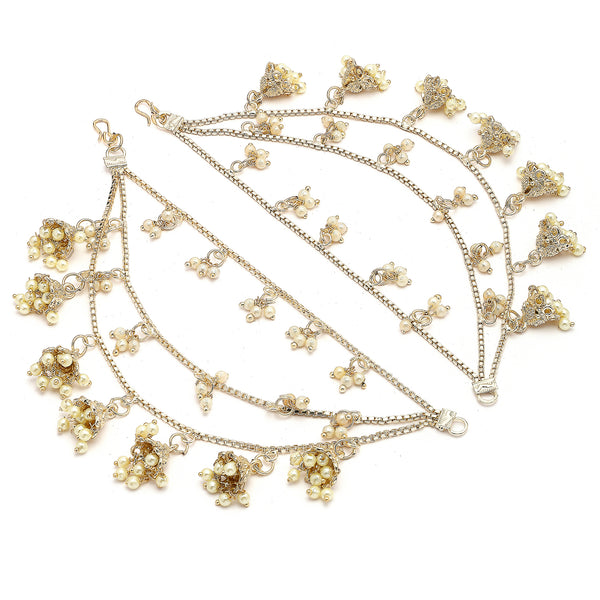 Traditional Gold Plated White Pearl Beaded Jhumkis Multi Layered Ear Chain Earrings