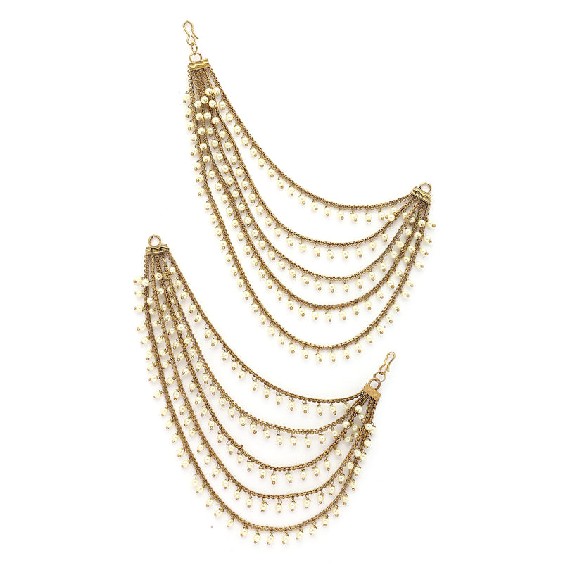 Traditional Gold Plated Purple & White Pearl Beaded Multi Layered Ear Chain Earrings