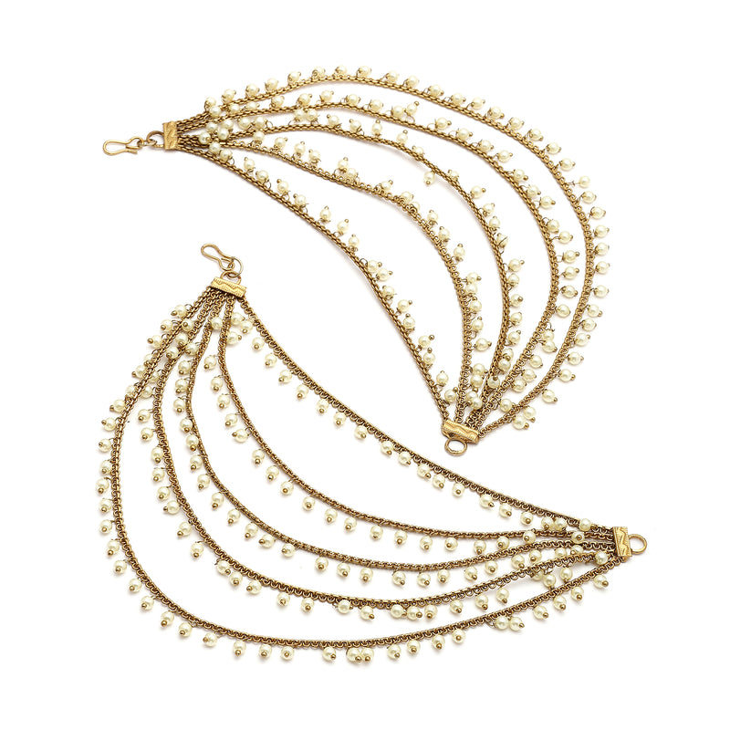 Traditional Gold Plated Purple & White Pearl Beaded Multi Layered Ear Chain Earrings