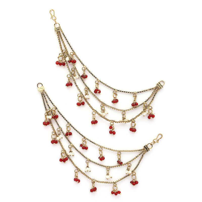 Traditional Gold Plated Red & White Pearl Beaded Multi Layered Ear Chain Earrings