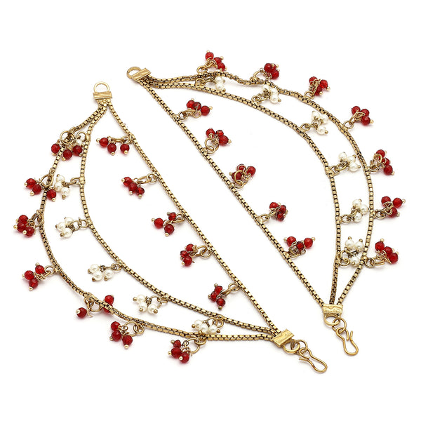 Traditional Gold Plated Red & White Pearl Beaded Multi Layered Ear Chain Earrings