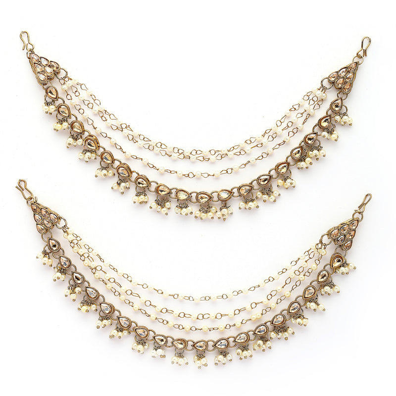 Traditional Gold Plated White Kundan Pearl Beaded Multi Layered Ear Chain Earrings