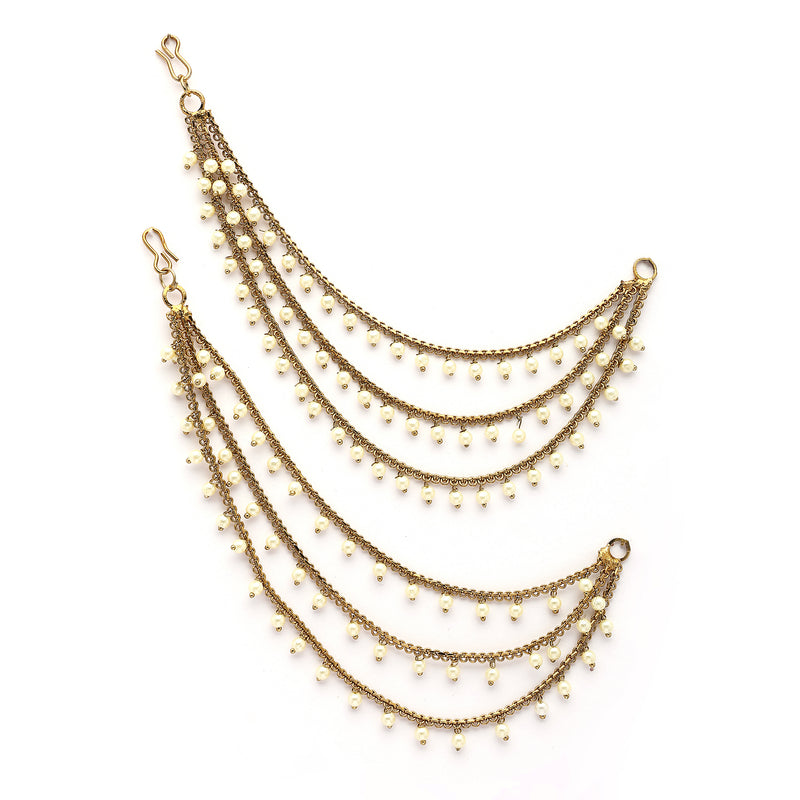 Traditional Gold Plated White Pearl Beaded Multi Layered Ear Chain Earrings