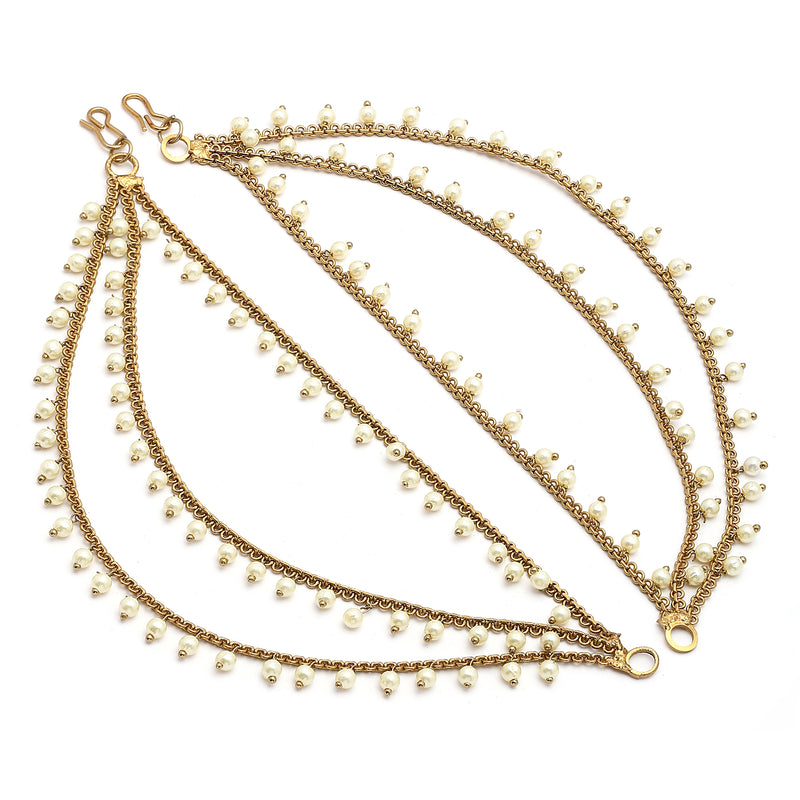 Traditional Gold Plated White Pearl Beaded Multi Layered Ear Chain Earrings