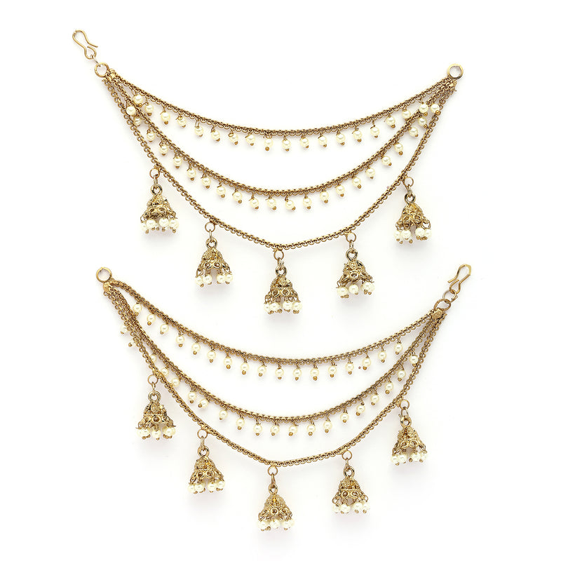 Traditional Gold Plated White Pearl Beaded Multi Layered Ear Chain Earrings