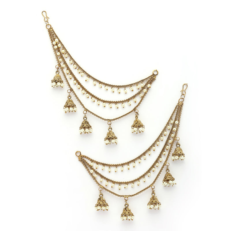 Traditional Gold Plated White Pearl Beaded Multi Layered Ear Chain Earrings