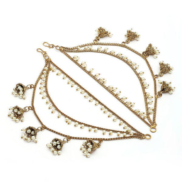 Traditional Gold Plated White Pearl Beaded Multi Layered Ear Chain Earrings