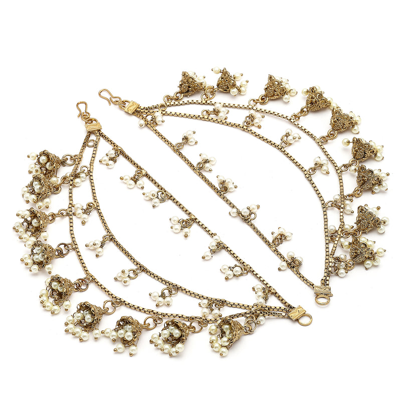 Traditional Gold Plated White Pearl Beaded Multi Layered Ear Chain Earrings