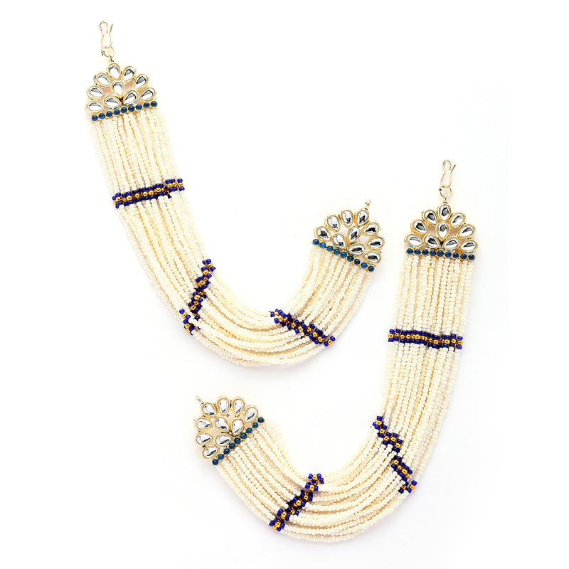 Traditional Gold Plated Blue & White Kundan And Pearl Beaded Multi Layered Ear Chain Earrings