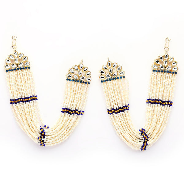 Traditional Gold Plated Blue & White Kundan And Pearl Beaded Multi Layered Ear Chain Earrings