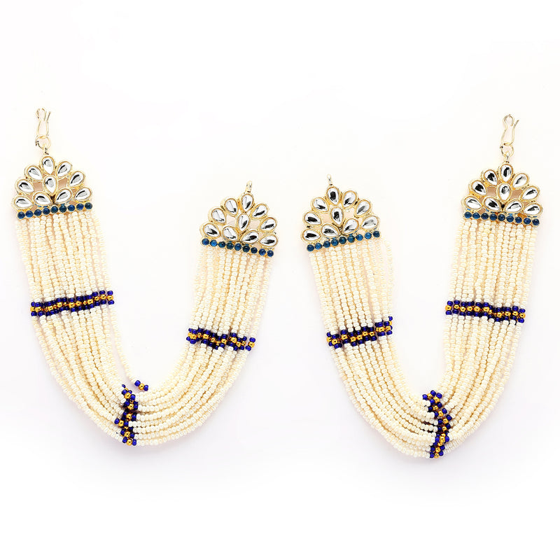 Traditional Gold Plated Blue & White Kundan And Pearl Beaded Multi Layered Ear Chain Earrings