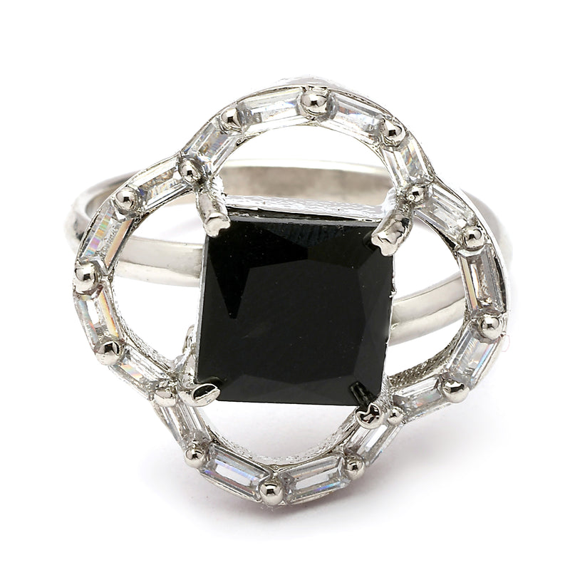 Rhodium Plated Silver Toned Square Shaped Black & White American Diamond Studded Pendant Combo With Ring