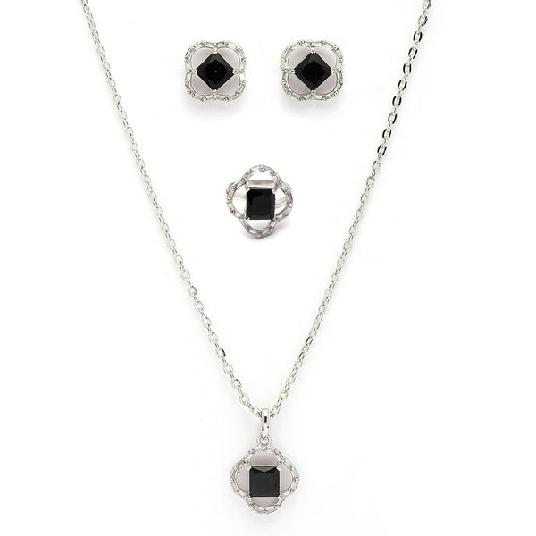 Rhodium Plated Silver Toned Square Shaped Black & White American Diamond Studded Pendant Combo With Ring