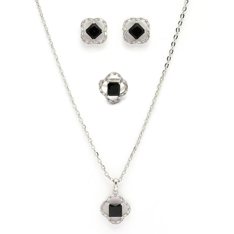 Rhodium Plated Silver Toned Square Shaped Black & White American Diamond Studded Pendant Combo With Ring